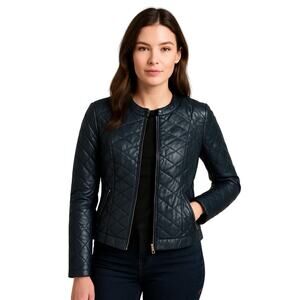 French Connection Black Quilted Leather Moto Jacket Womens Medium